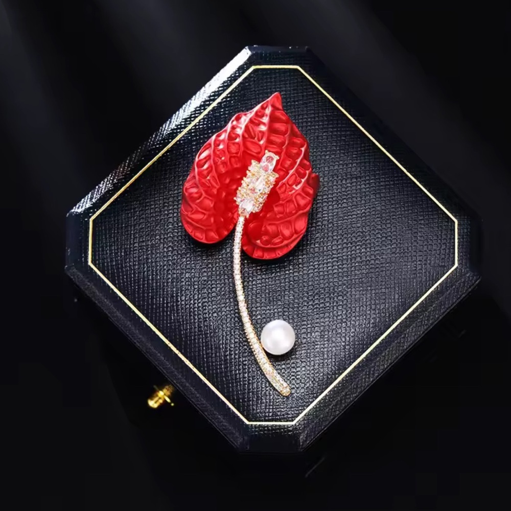 Anthropologie Red Leaf Brooch with Gold Stem and Pearl Accent